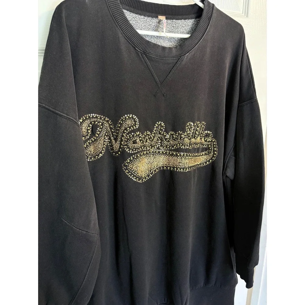 Free People Bali Drifter Sweatshirt M Black Nashville Embellished Oversized